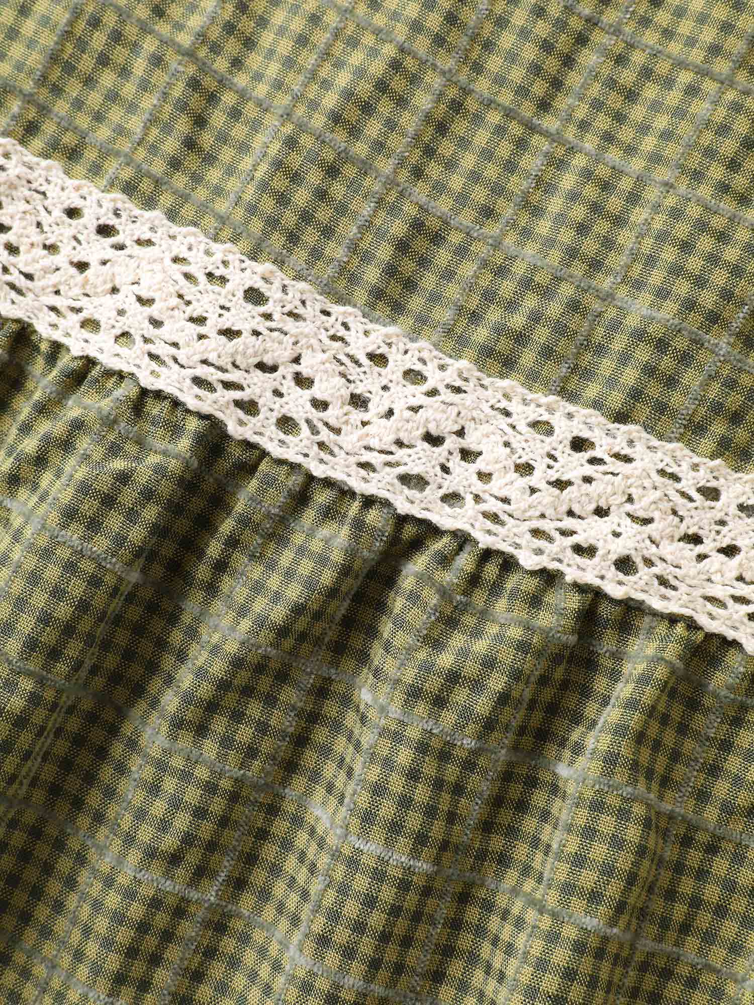 Plaid Shirred Lace Trim Tiered Maxi Dress - Image 6