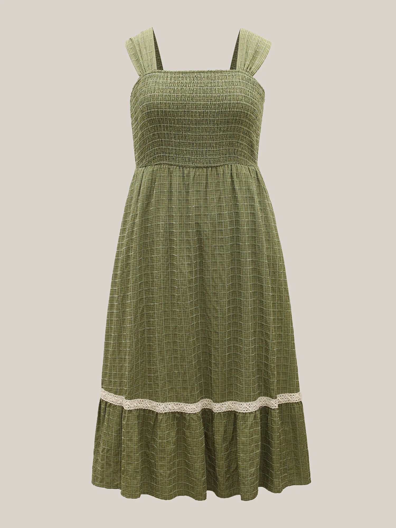 Plaid Shirred Lace Trim Tiered Maxi Dress - Image 7