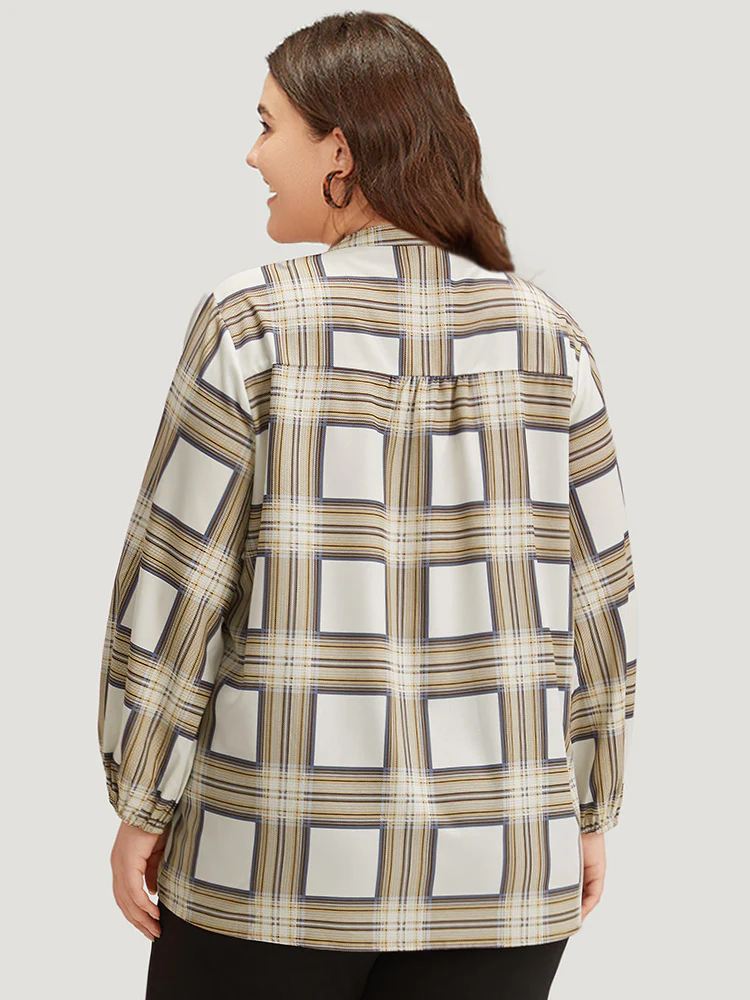 Plaid Shirred Notched Button Up Blouse - Image 4