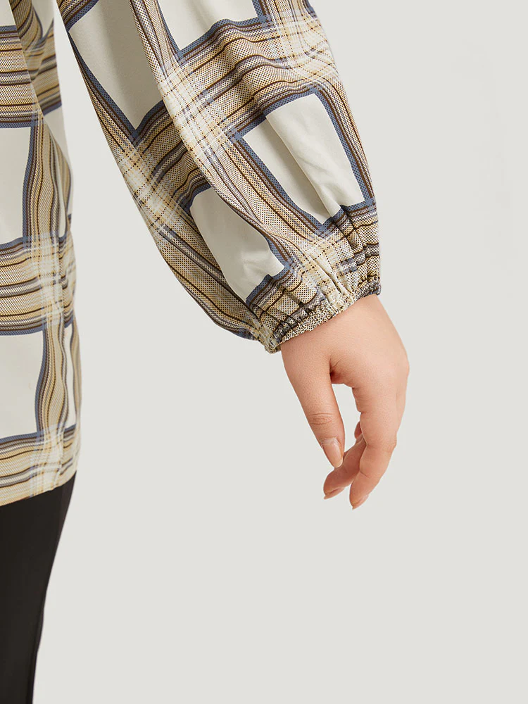 Plaid Shirred Notched Button Up Blouse - Image 6