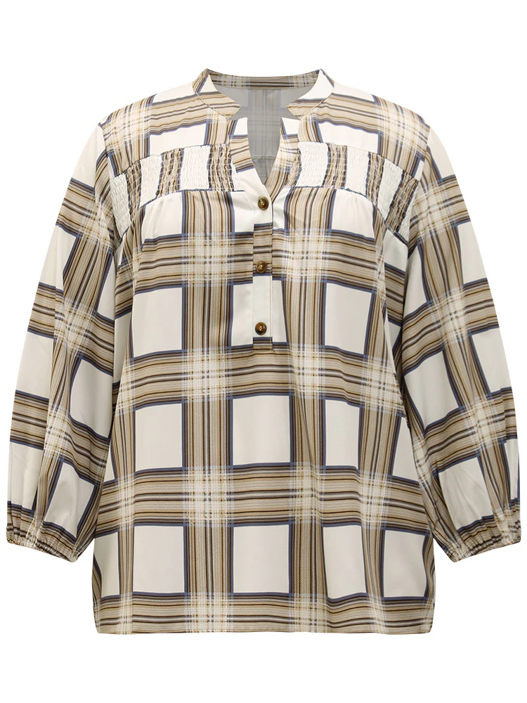 Plaid Shirred Notched Button Up Blouse - Image 7