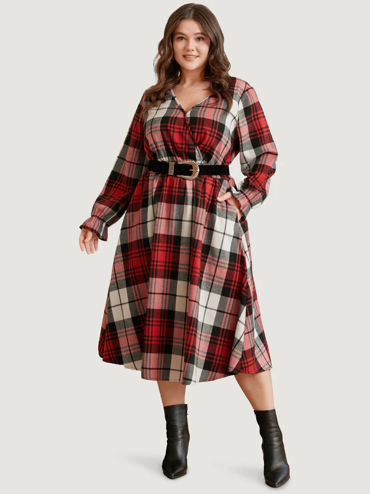 Plaid Shirred Pocket Lantern Sleeve Wrap Midi Dress Without Belt - Image 3