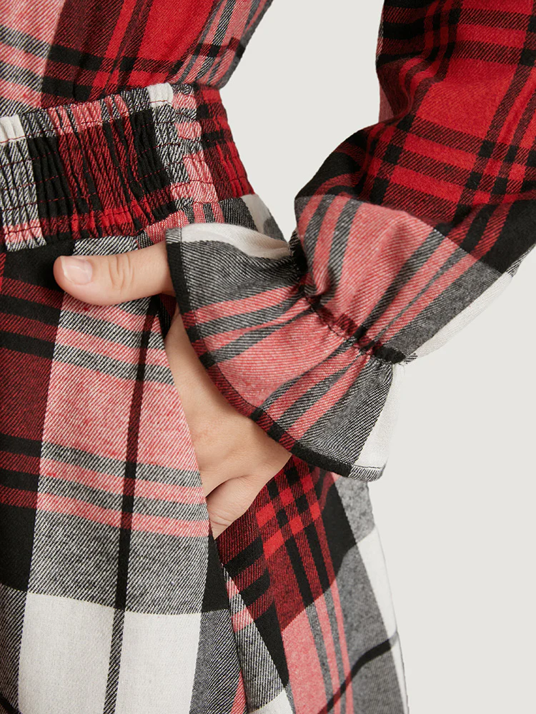 Plaid Shirred Pocket Lantern Sleeve Wrap Midi Dress Without Belt - Image 5