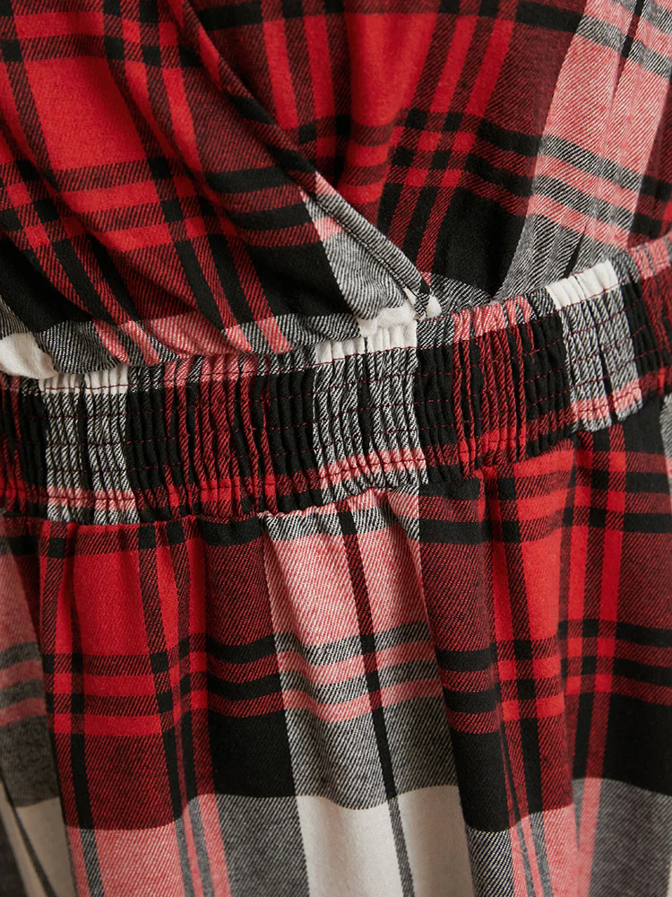 Plaid Shirred Pocket Lantern Sleeve Wrap Midi Dress Without Belt - Image 8