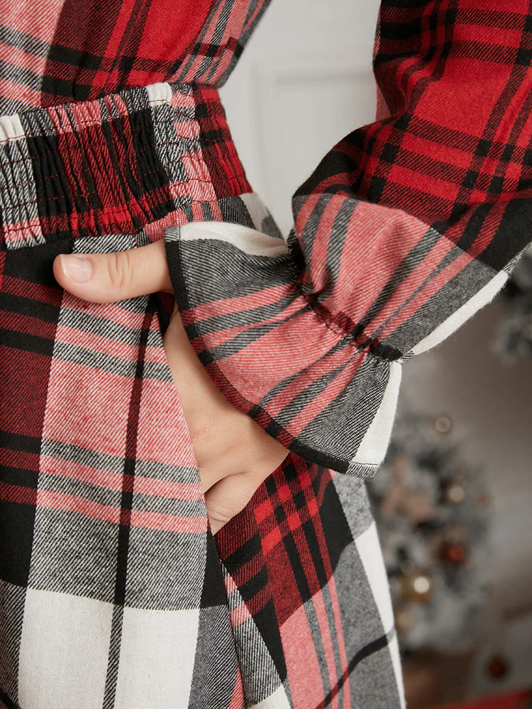 Plaid Shirred Pocket Lantern Sleeve Wrap Midi Dress Without Belt - Image 9