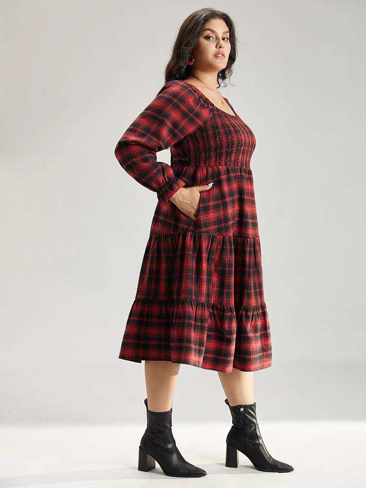 Plaid Shirred Pocket Ruffle Trim Midi Dress - Image 3