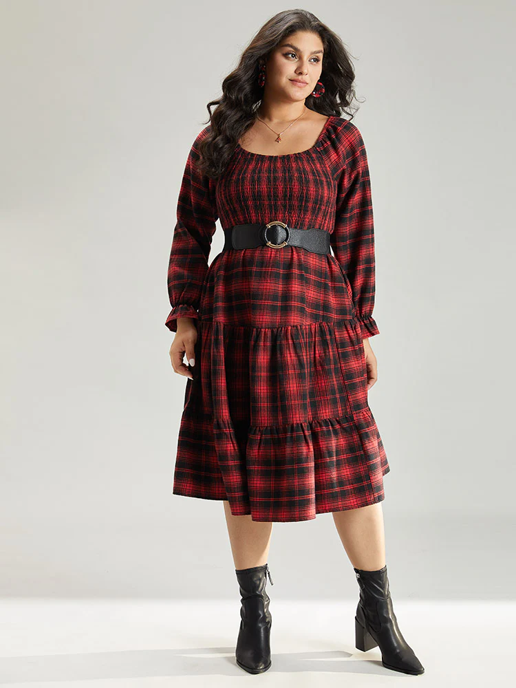 Plaid Shirred Pocket Ruffle Trim Midi Dress - Image 4