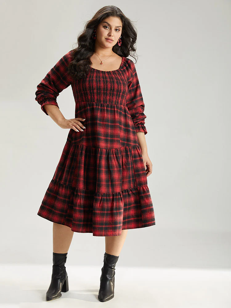 Plaid Shirred Pocket Ruffle Trim Midi Dress - Image 5