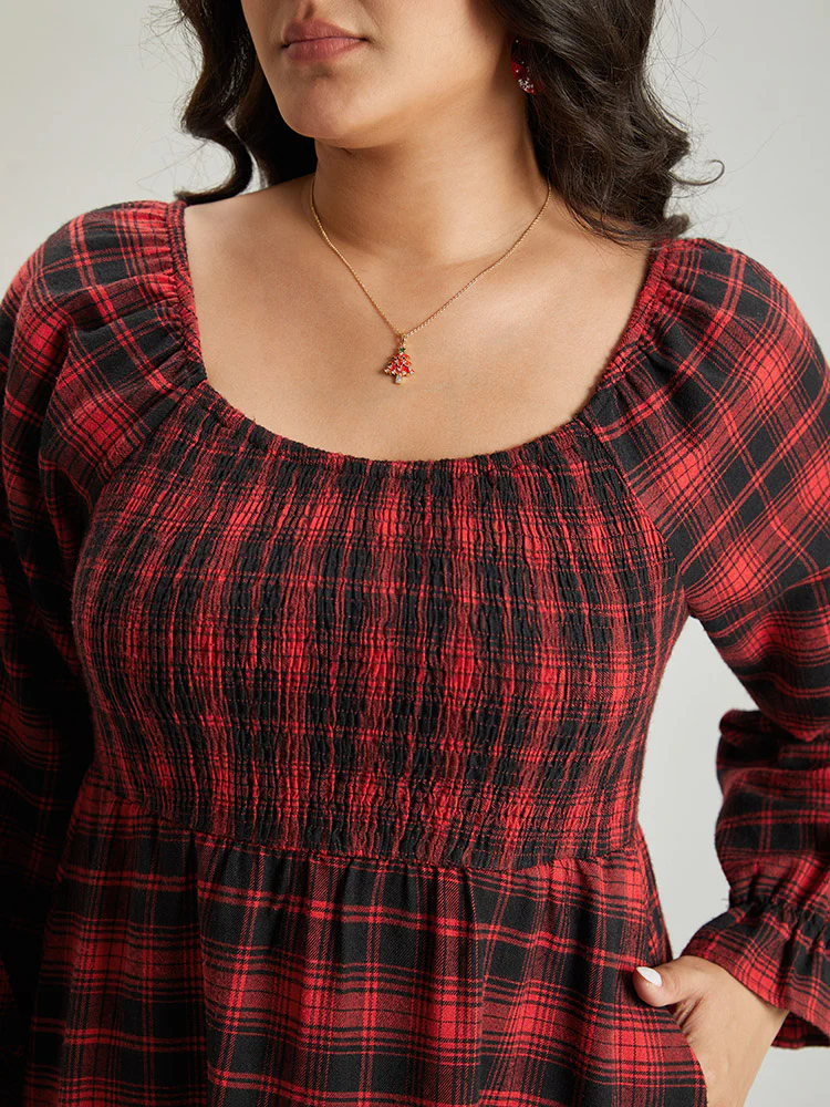 Plaid Shirred Pocket Ruffle Trim Midi Dress - Image 6
