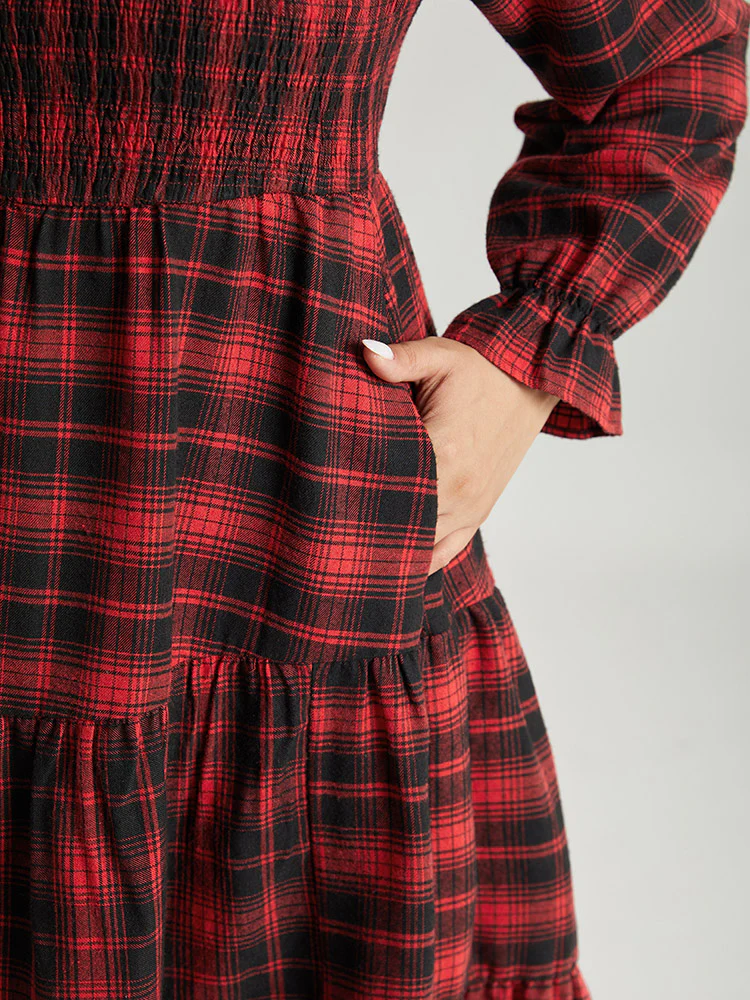 Plaid Shirred Pocket Ruffle Trim Midi Dress - Image 7