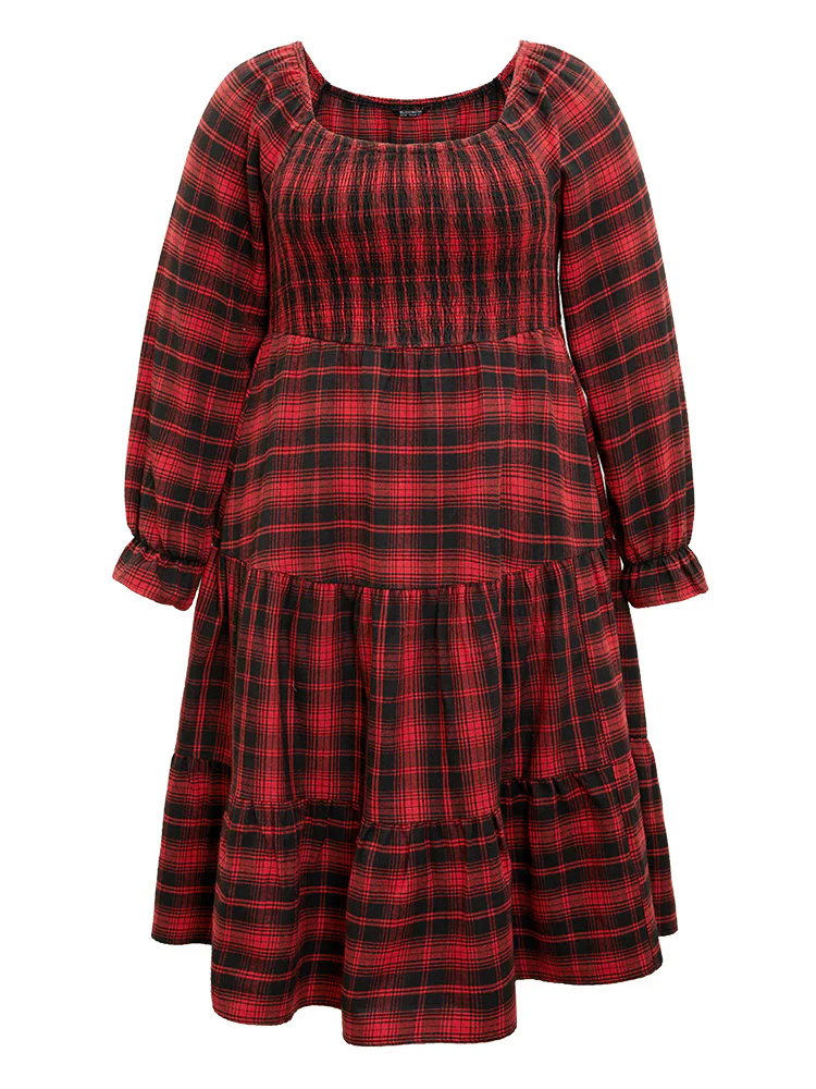 Plaid Shirred Pocket Ruffle Trim Midi Dress - Image 8