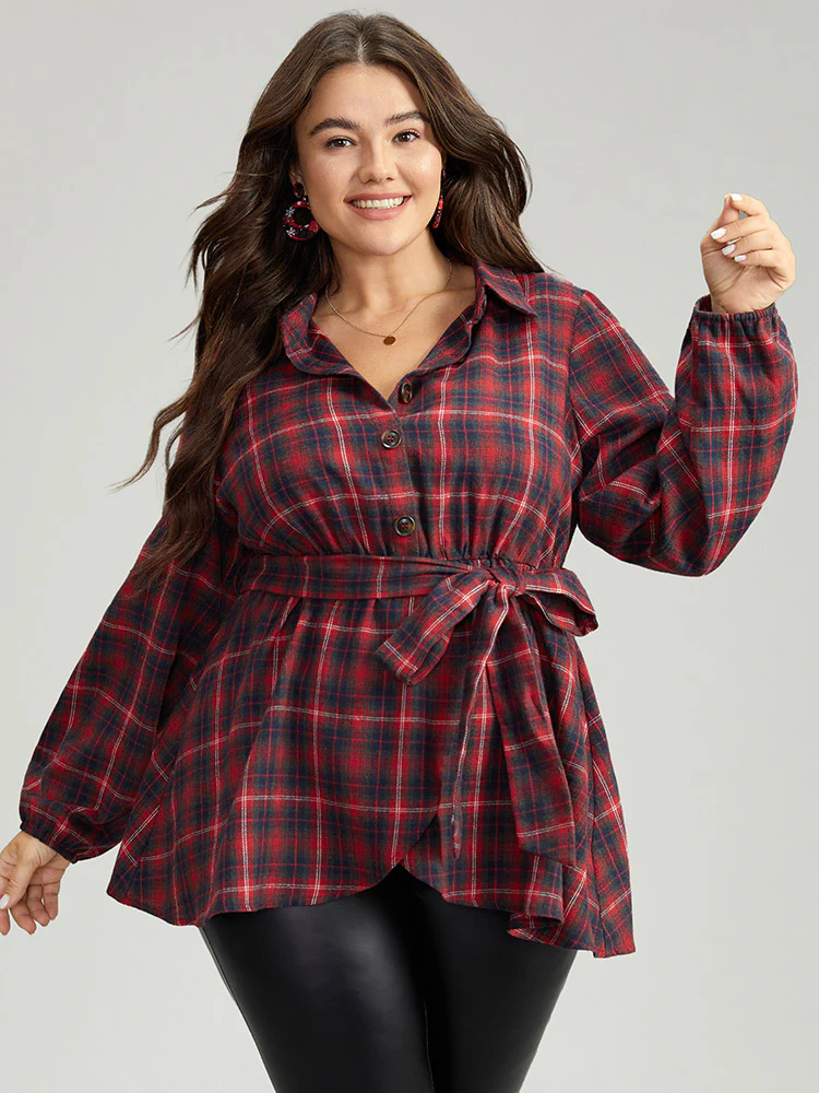 Plaid Shirt Collar Belted Button Through Blouse - Image 2