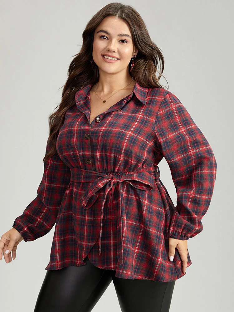 Plaid Shirt Collar Belted Button Through Blouse - Image 3
