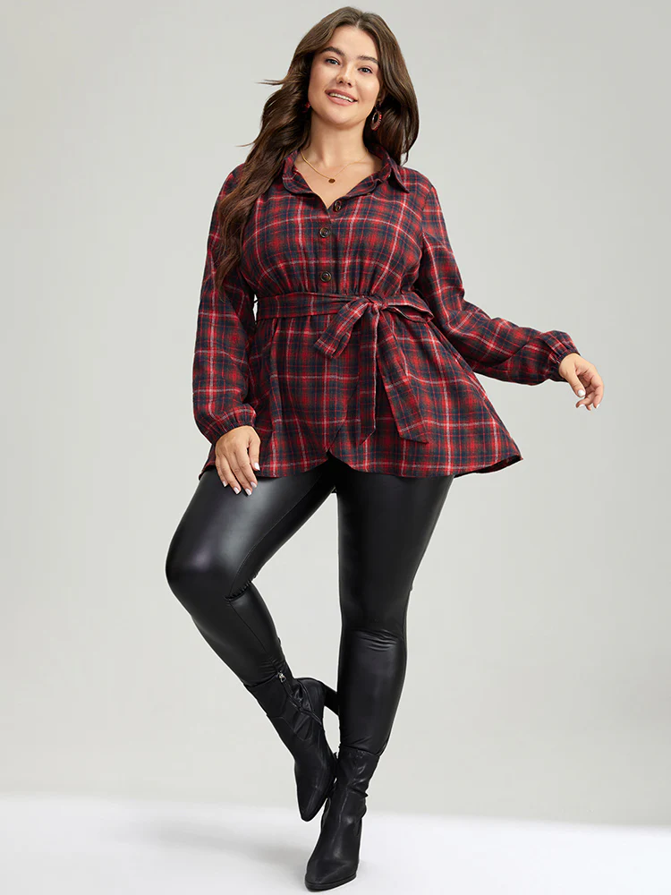 Plaid Shirt Collar Belted Button Through Blouse - Image 4