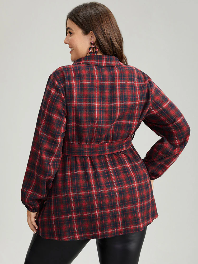 Plaid Shirt Collar Belted Button Through Blouse - Image 5