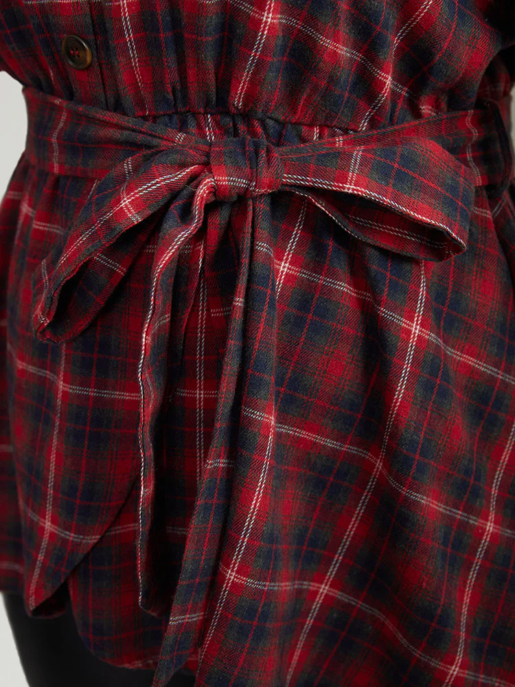 Plaid Shirt Collar Belted Button Through Blouse - Image 7