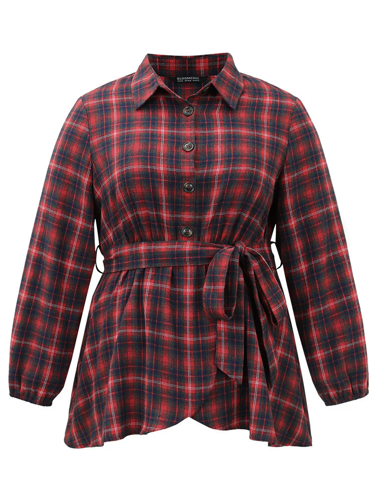 Plaid Shirt Collar Belted Button Through Blouse - Image 8