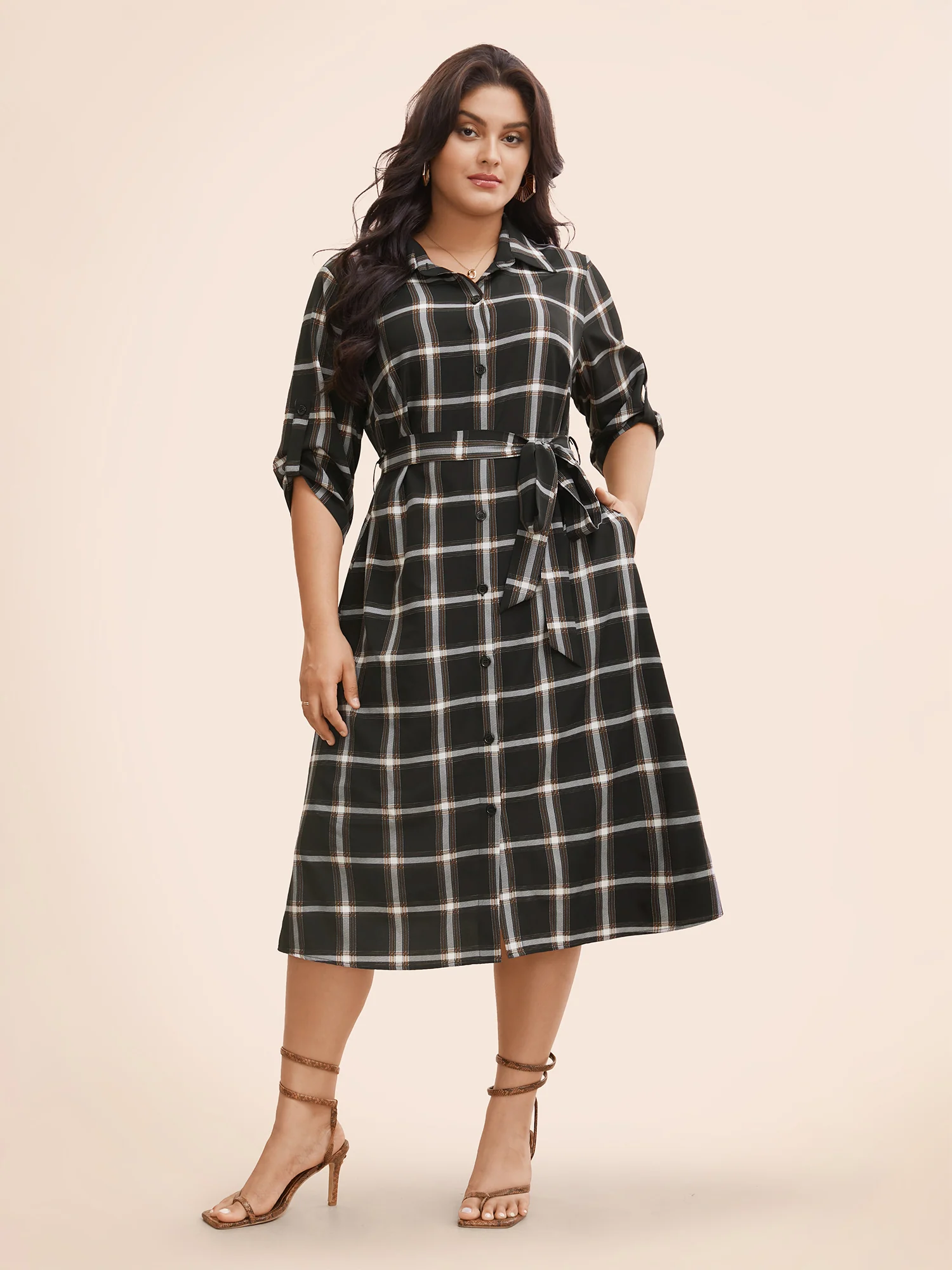Plaid Shirt Collar Belted Tab Sleeve Dress - Image 2
