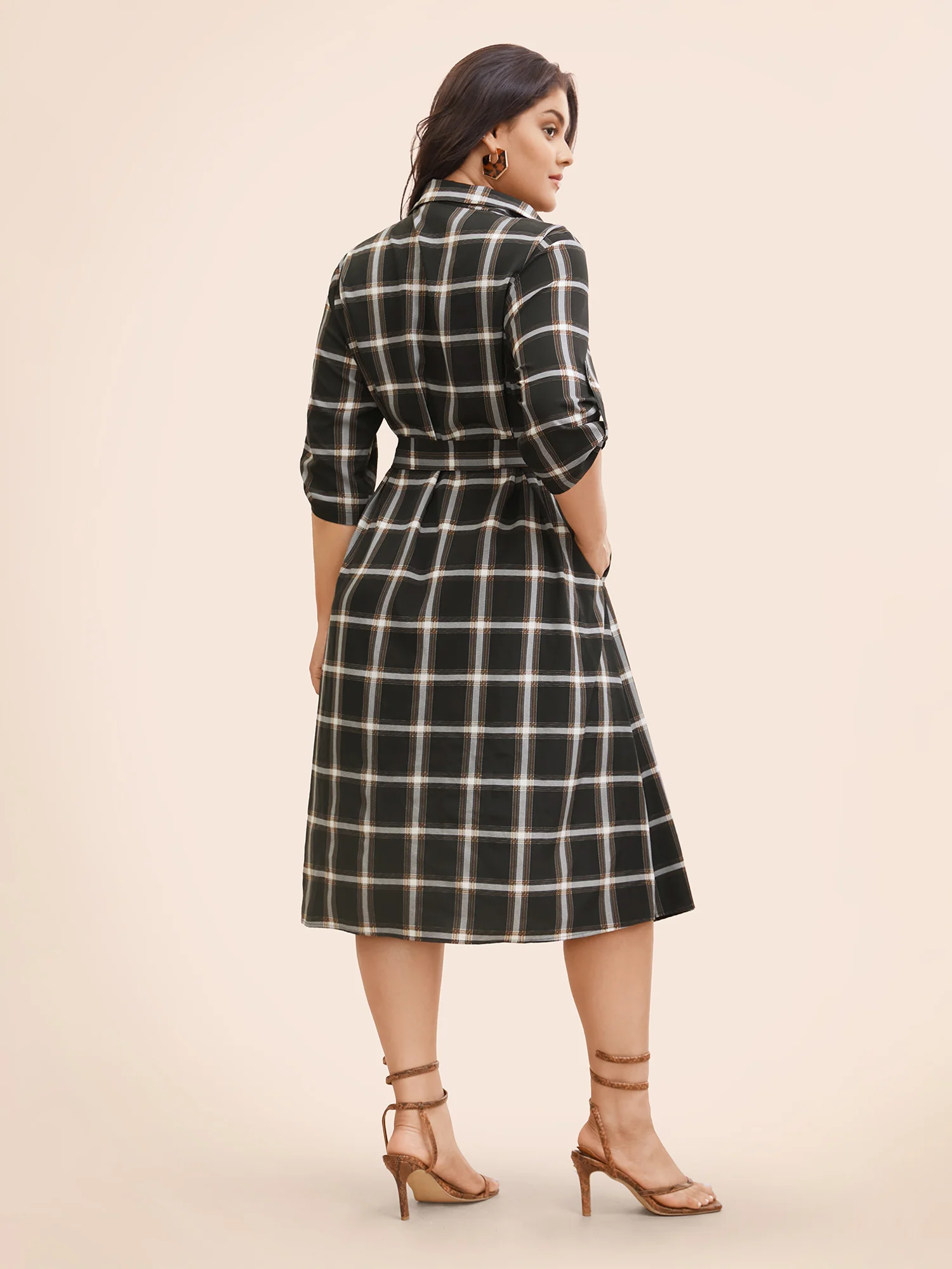 Plaid Shirt Collar Belted Tab Sleeve Dress - Image 3