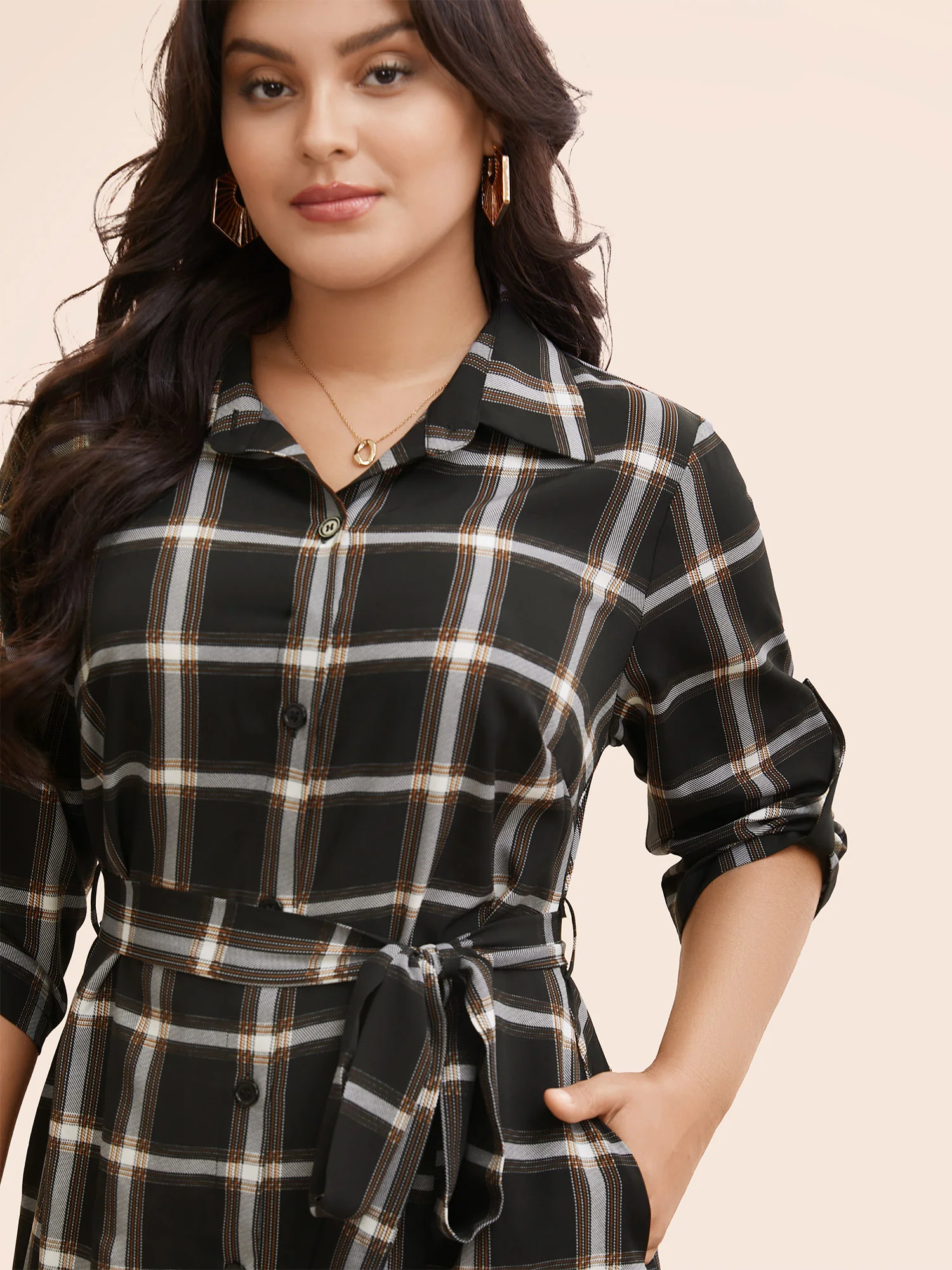 Plaid Shirt Collar Belted Tab Sleeve Dress - Image 4