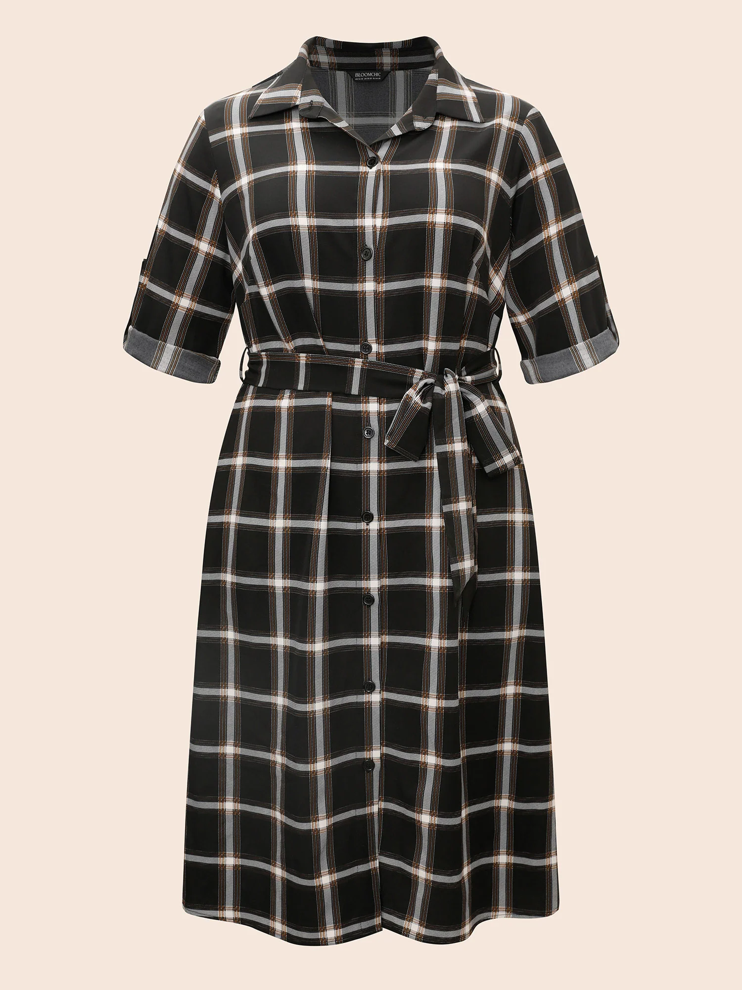 Plaid Shirt Collar Belted Tab Sleeve Dress - Image 7