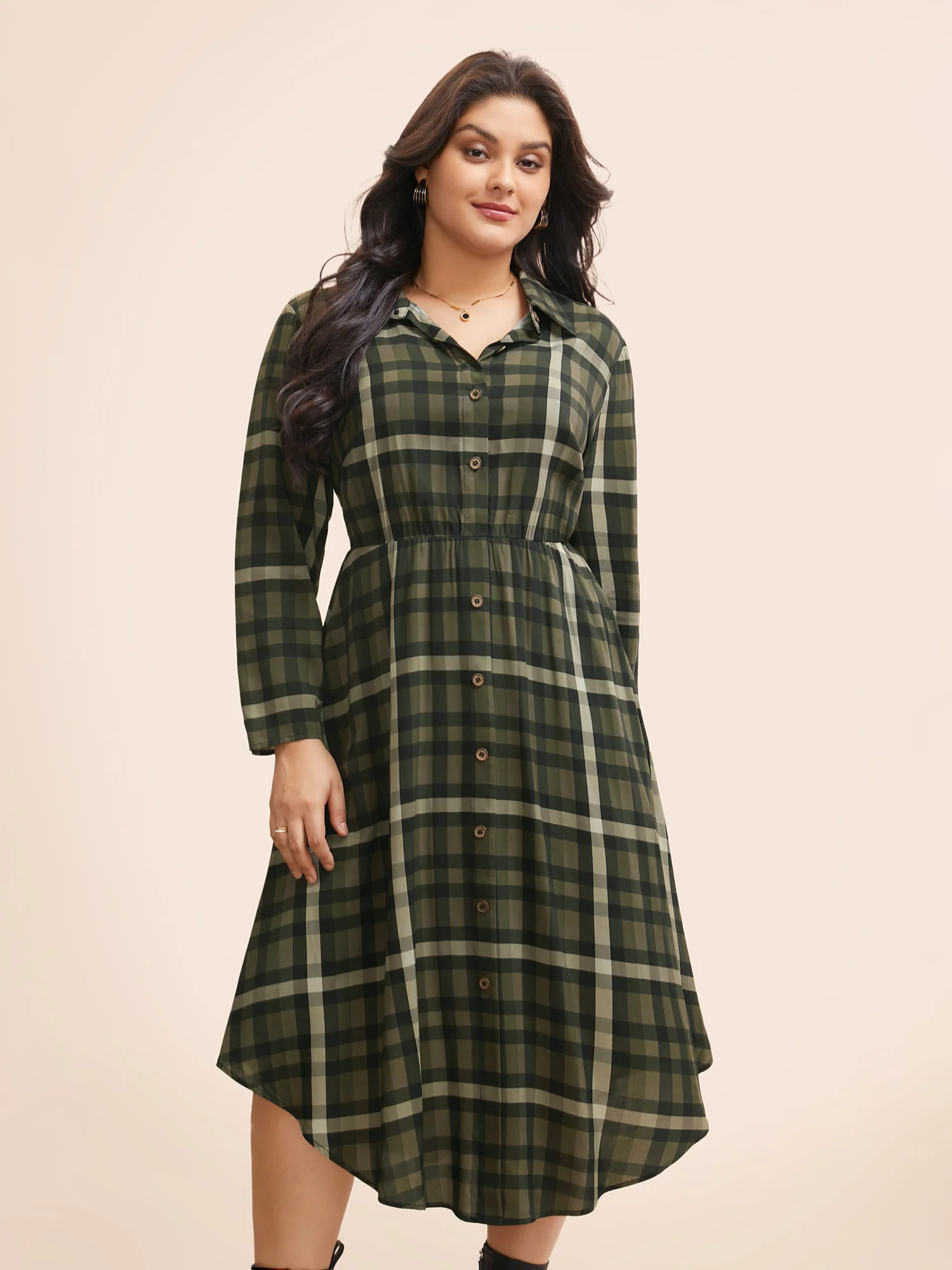 Plaid Shirt Collar Curved Hem Dress - Image 2