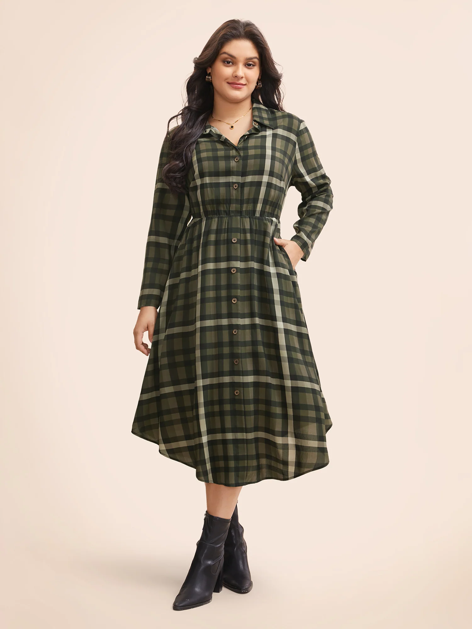 Plaid Shirt Collar Curved Hem Dress - Image 3