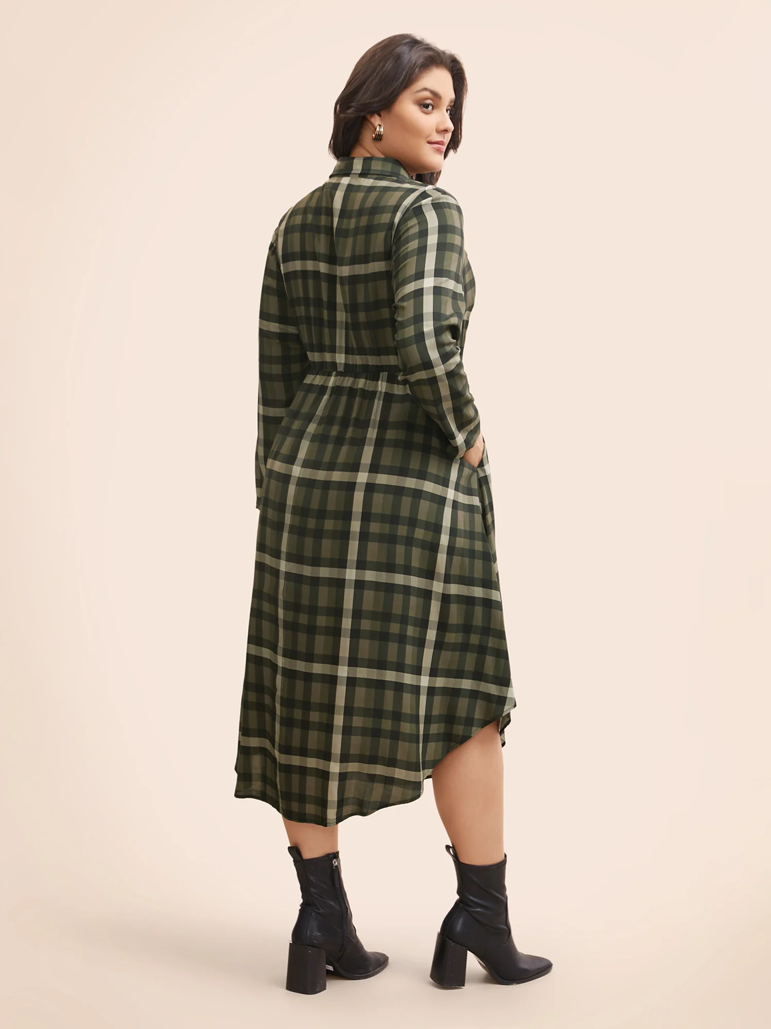 Plaid Shirt Collar Curved Hem Dress - Image 4