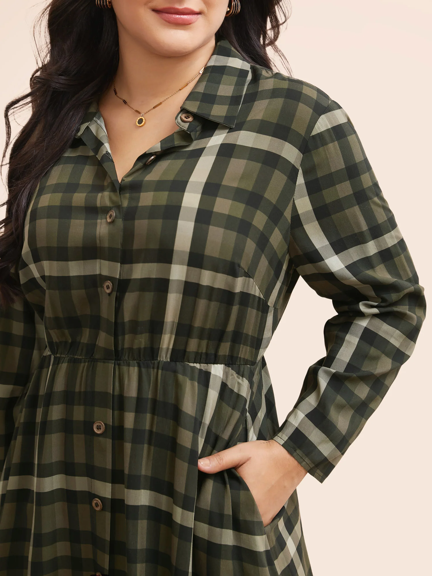 Plaid Shirt Collar Curved Hem Dress - Image 5