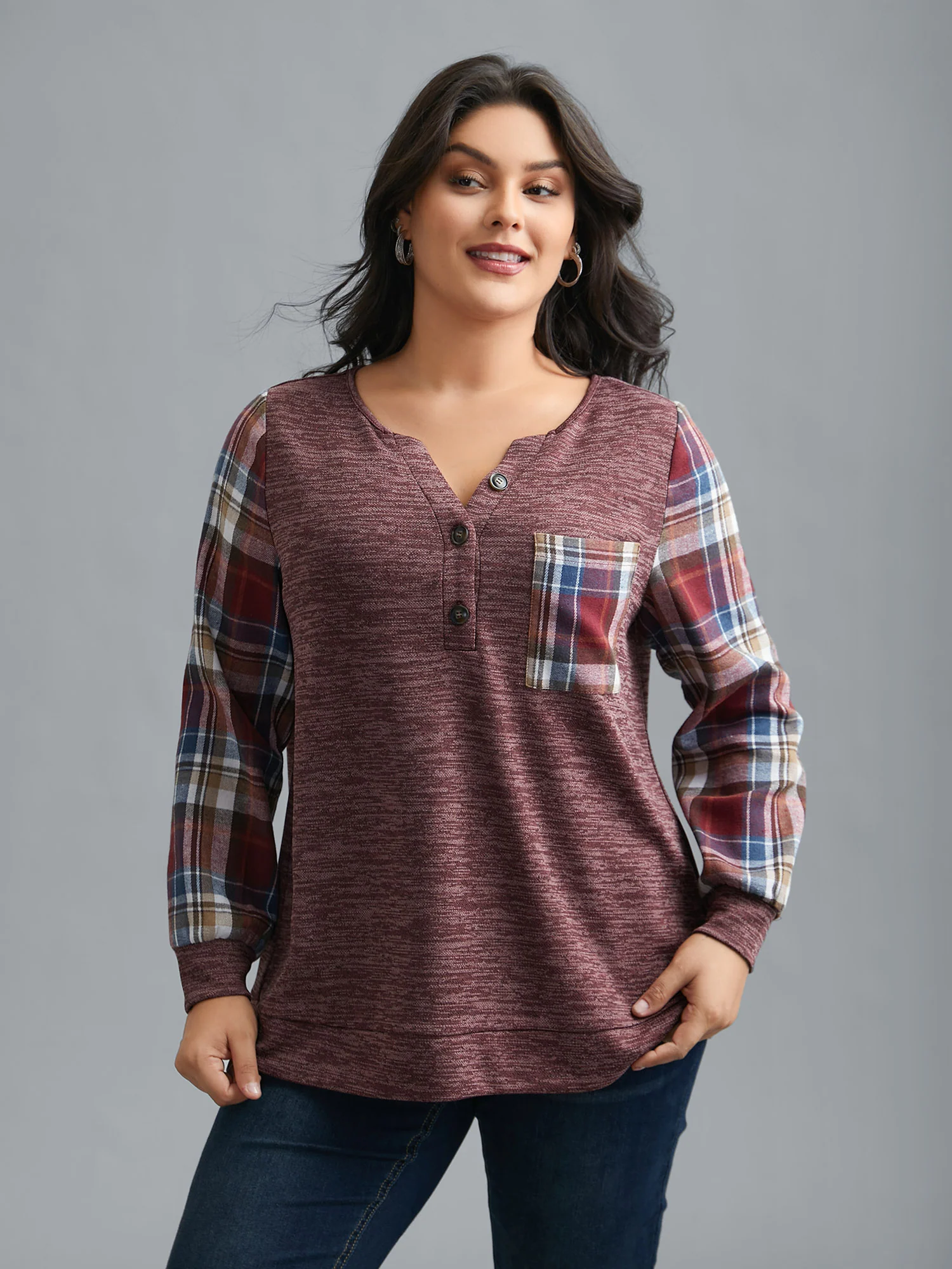 Plaid Sleeve Button Up Patchwork Sweatshirt - Image 10