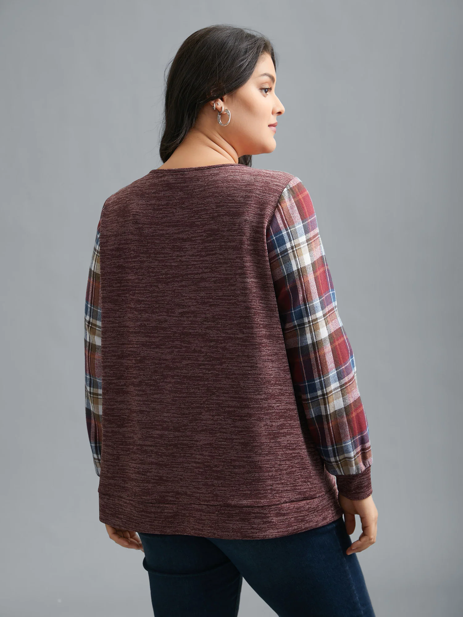 Plaid Sleeve Button Up Patchwork Sweatshirt - Image 11