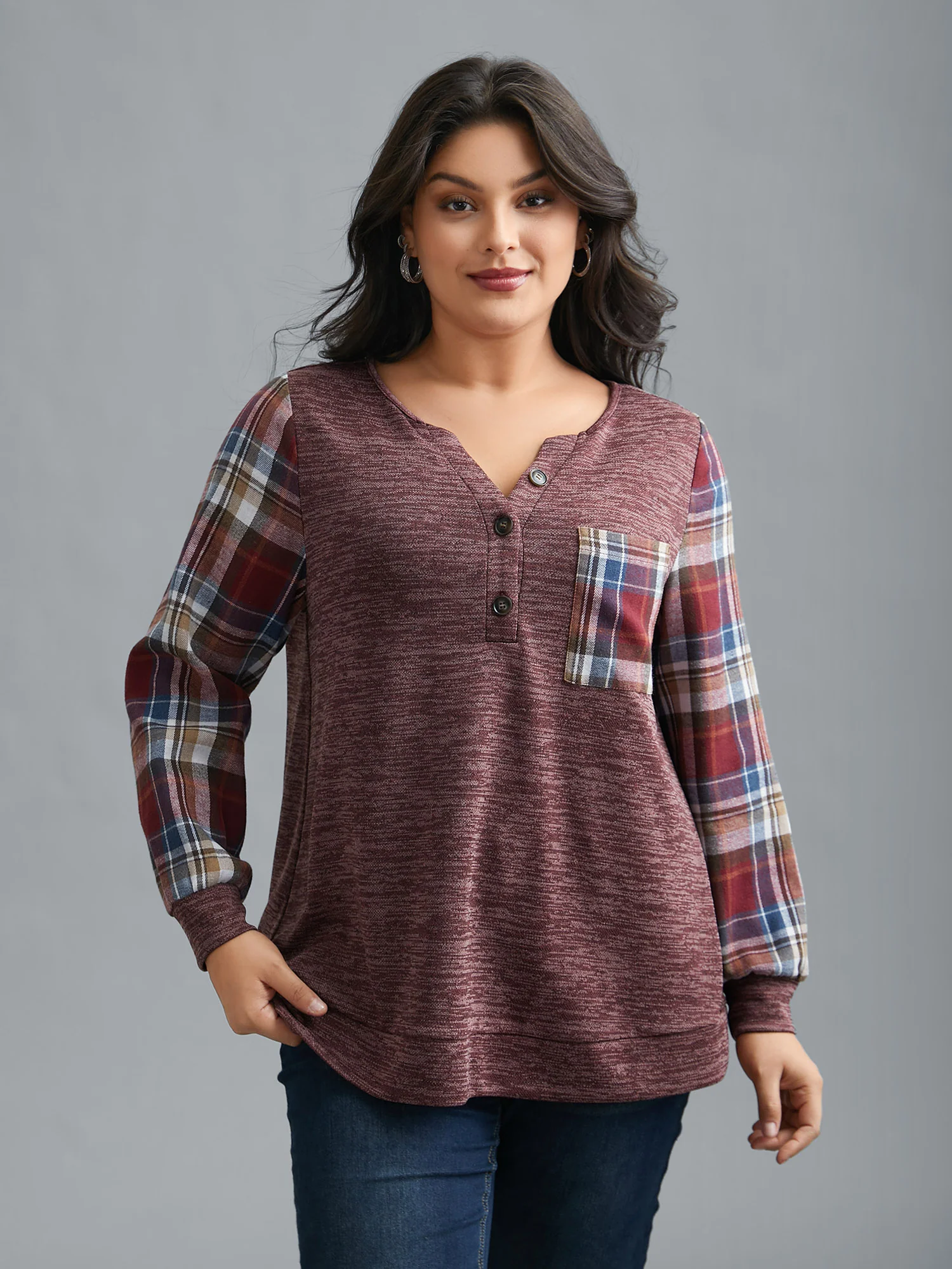 Plaid Sleeve Button Up Patchwork Sweatshirt - Image 12