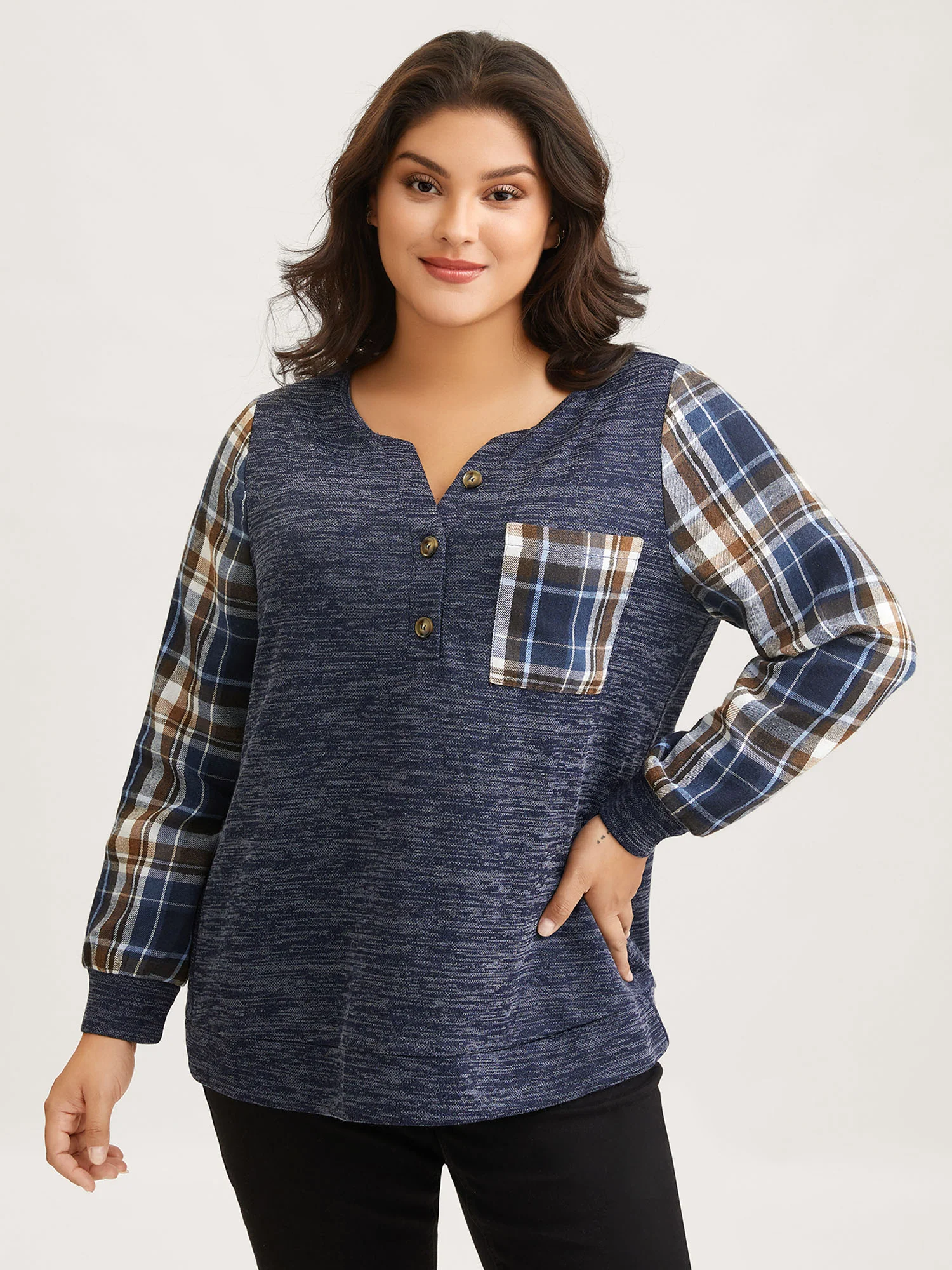 Plaid Sleeve Button Up Patchwork Sweatshirt - Image 2