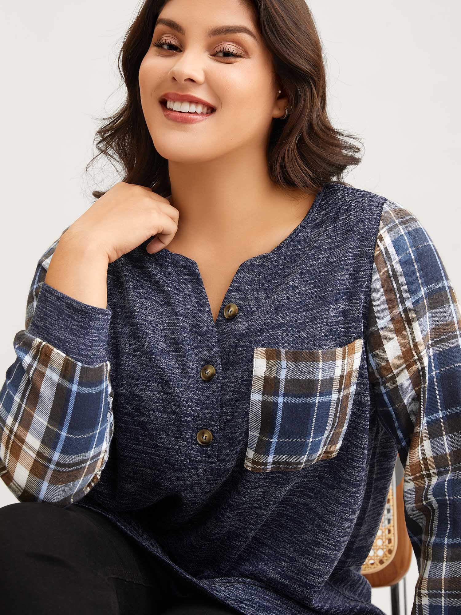 Plaid Sleeve Button Up Patchwork Sweatshirt - Image 3