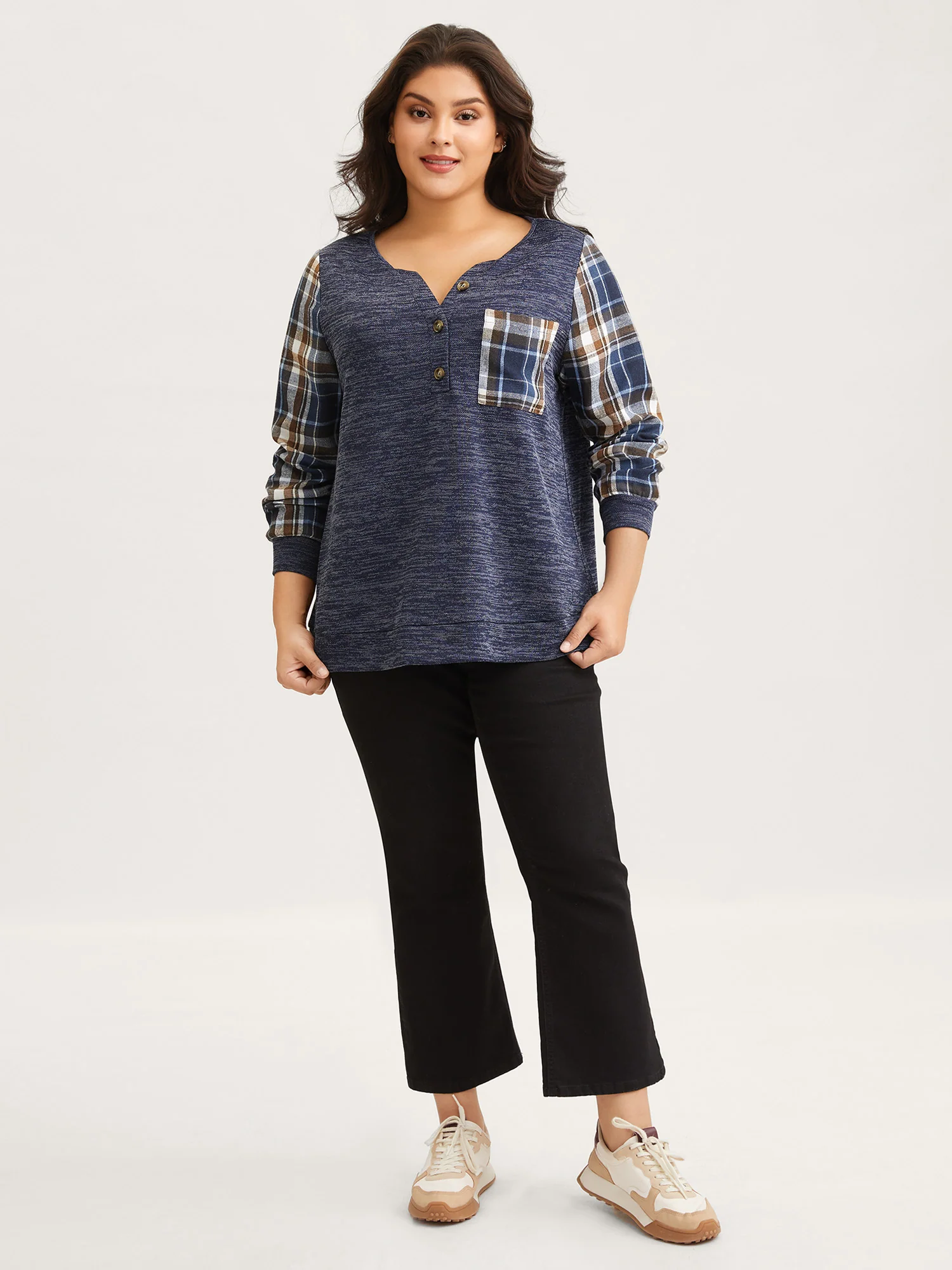 Plaid Sleeve Button Up Patchwork Sweatshirt - Image 4