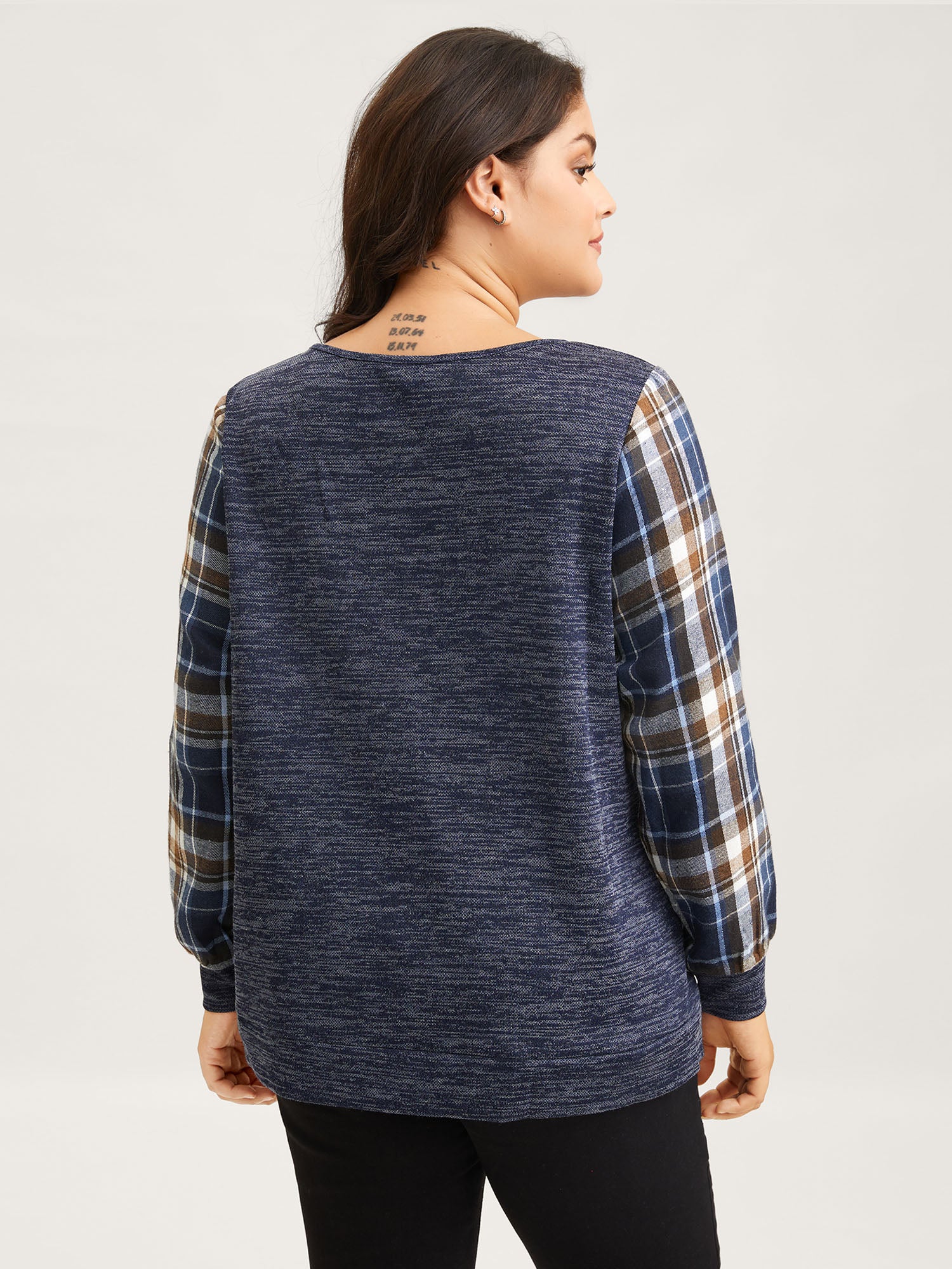 Plaid Sleeve Button Up Patchwork Sweatshirt - Image 5