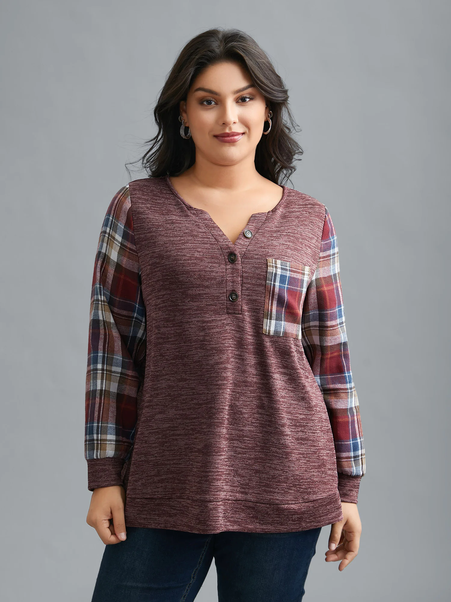 Plaid Sleeve Button Up Patchwork Sweatshirt - Image 9