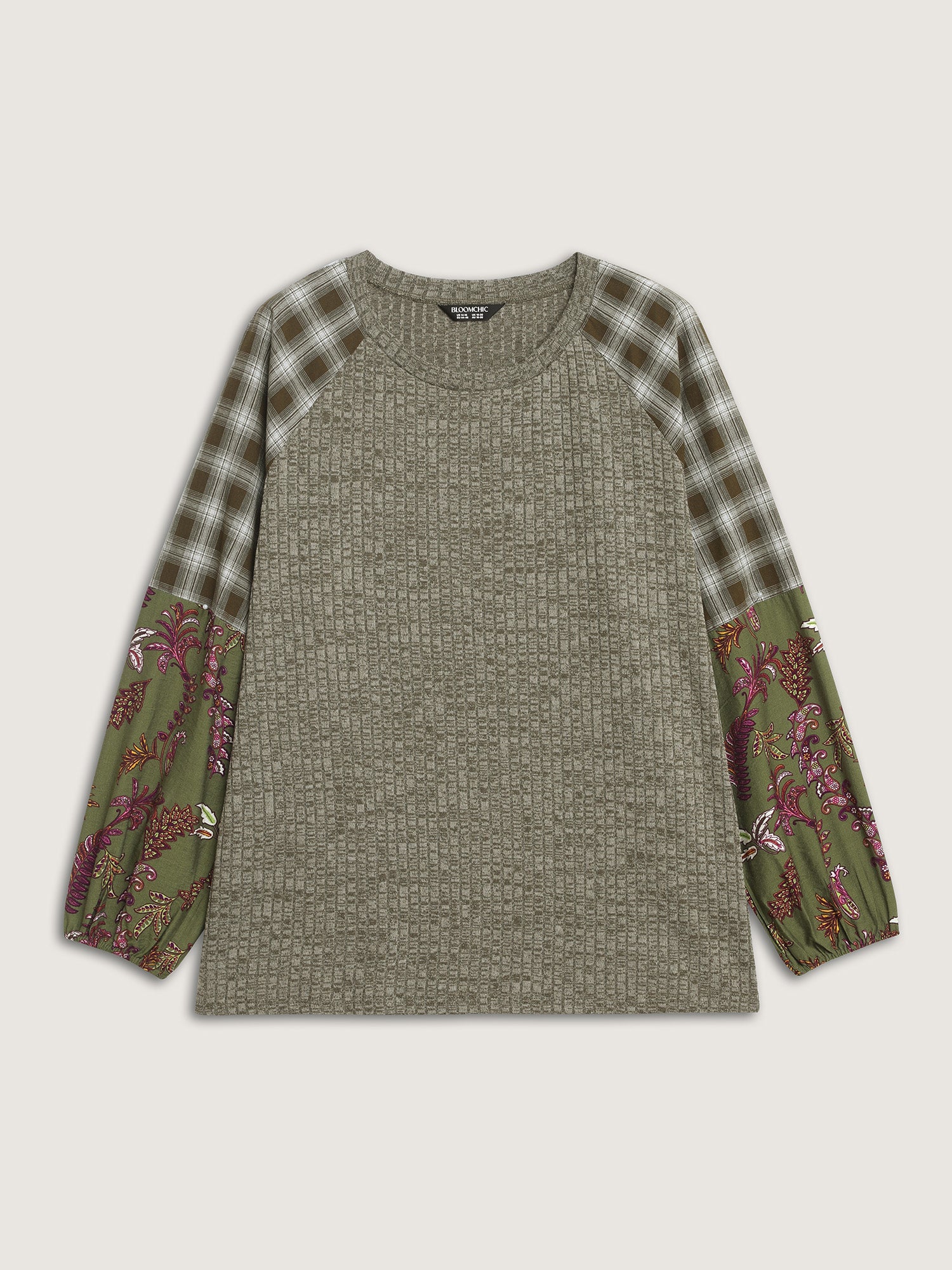 Plaid Sleeve Color Contrast Textured Sweatshirt - Image 7