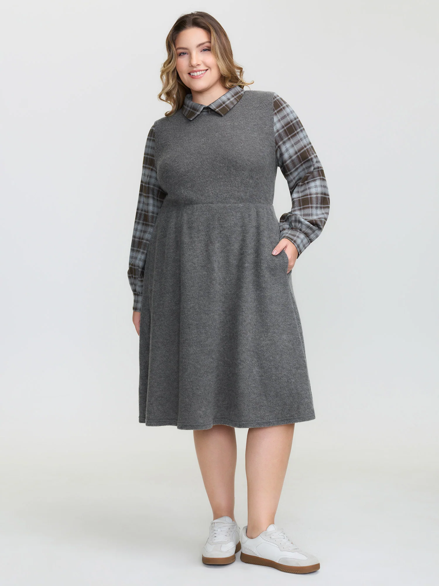 Plaid Sleeve Ribbed Pockets Midi Dress - Image 2