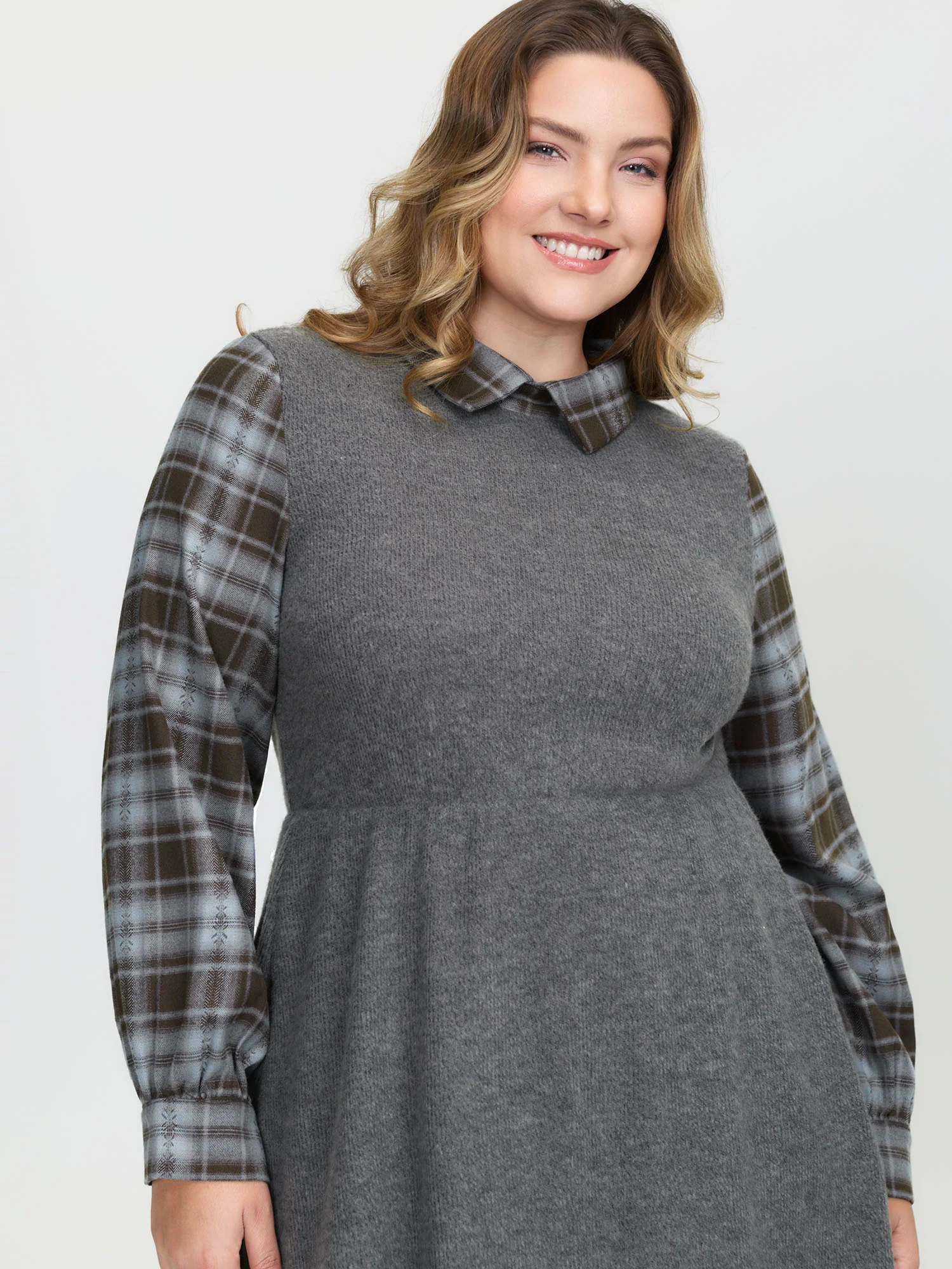 Plaid Sleeve Ribbed Pockets Midi Dress - Image 3