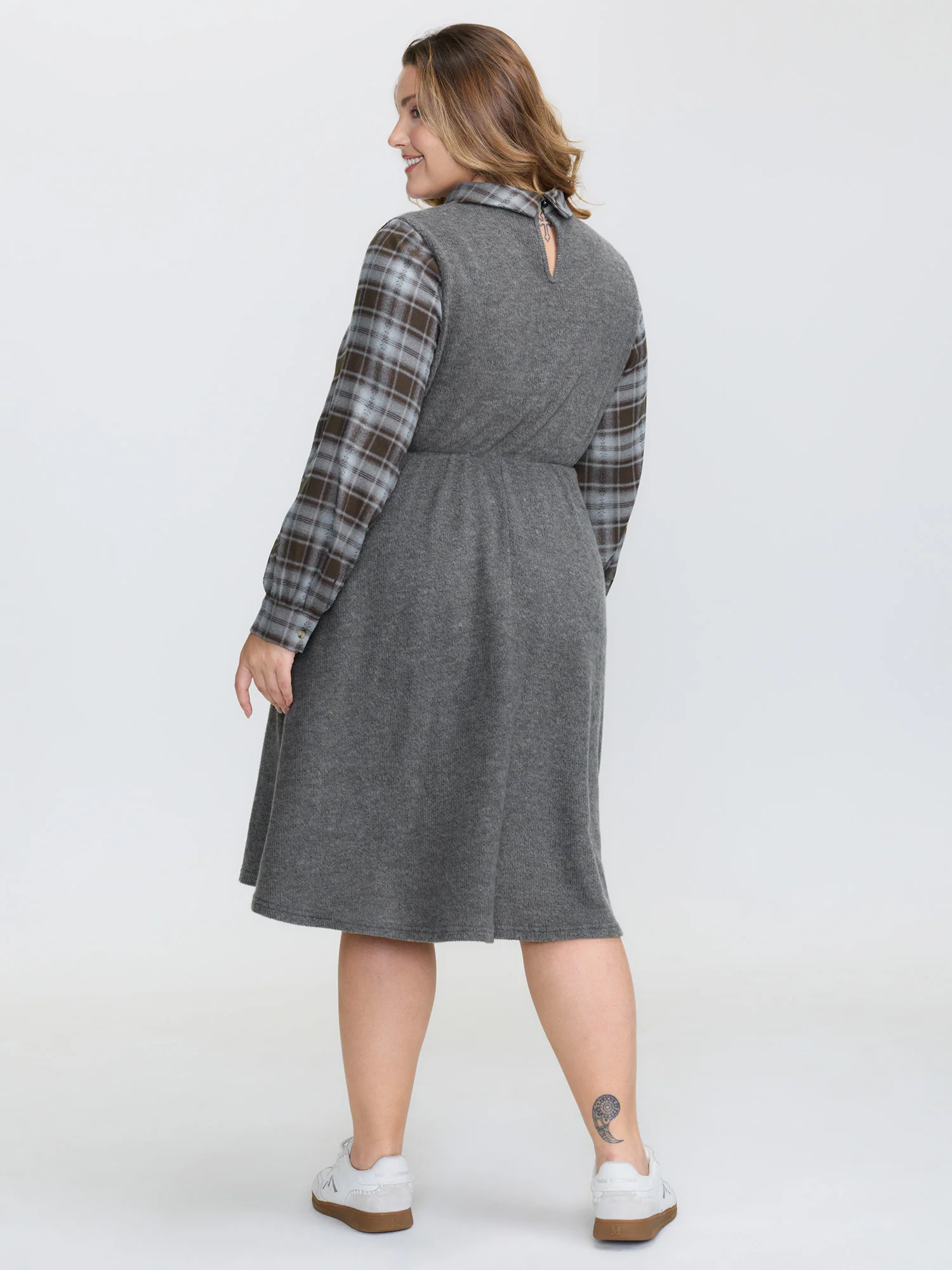 Plaid Sleeve Ribbed Pockets Midi Dress - Image 5