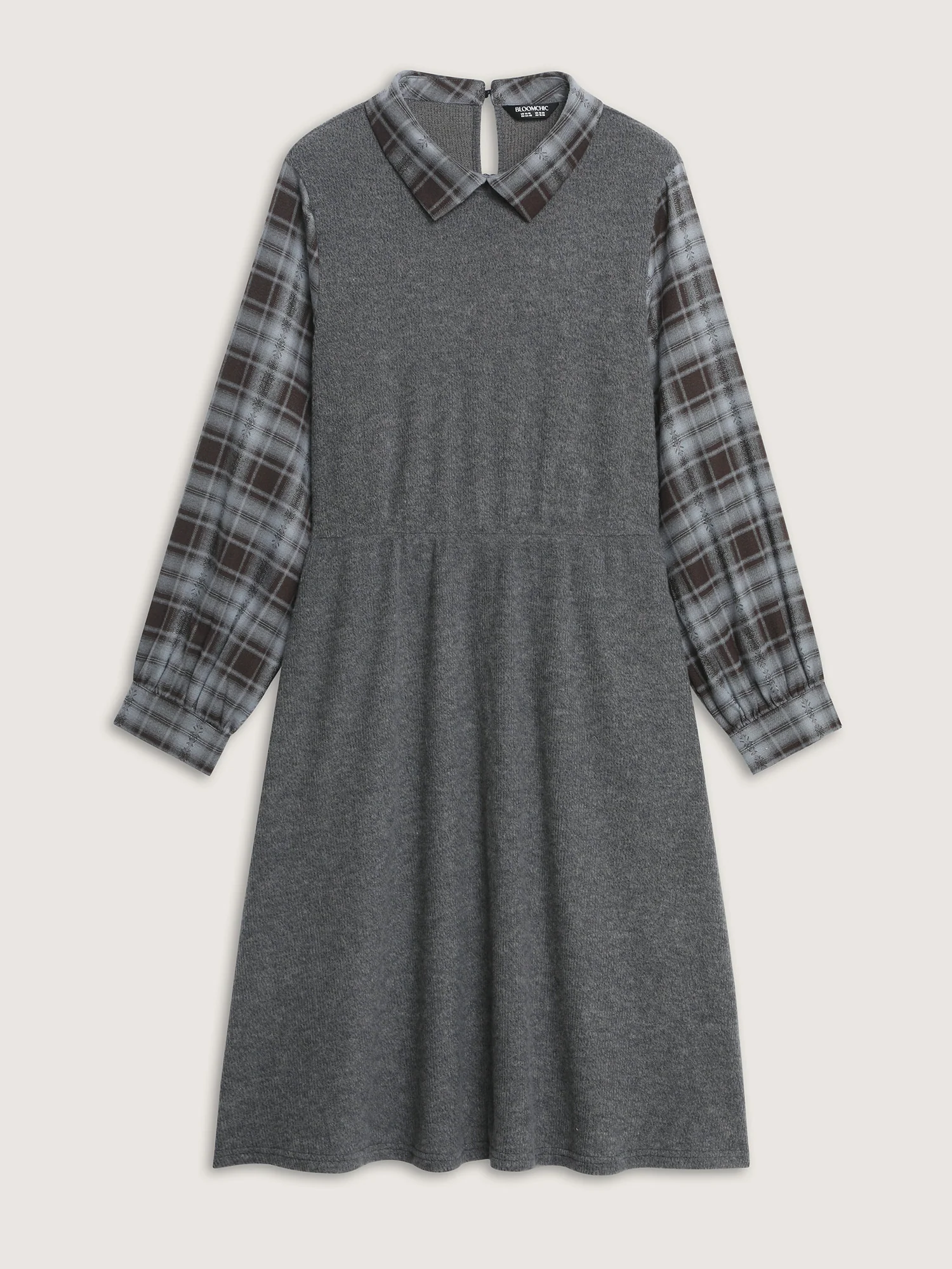 Plaid Sleeve Ribbed Pockets Midi Dress - Image 8