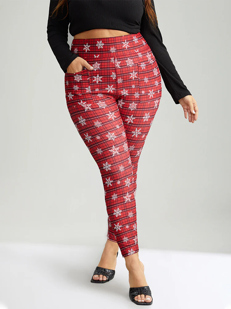 Plaid & Snow Print Pocket Skinny Ankle Leggings - Image 2