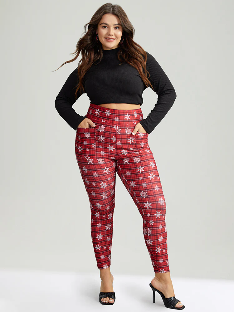 Plaid & Snow Print Pocket Skinny Ankle Leggings - Image 3
