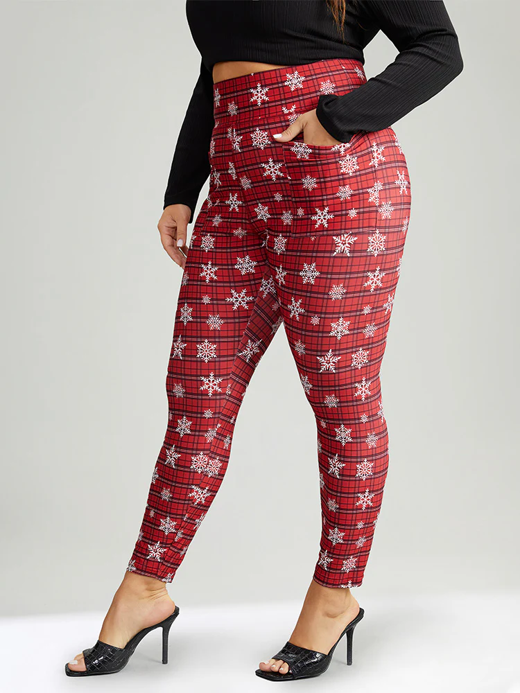 Plaid & Snow Print Pocket Skinny Ankle Leggings - Image 4