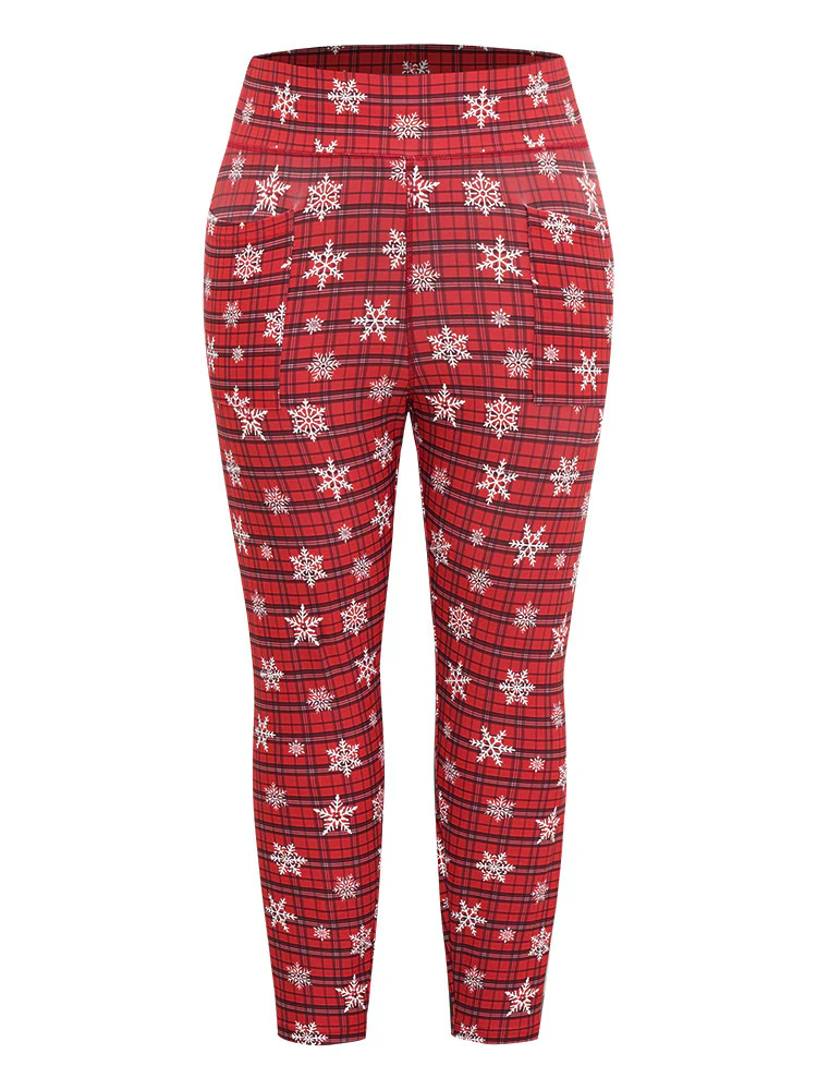 Plaid & Snow Print Pocket Skinny Ankle Leggings - Image 8
