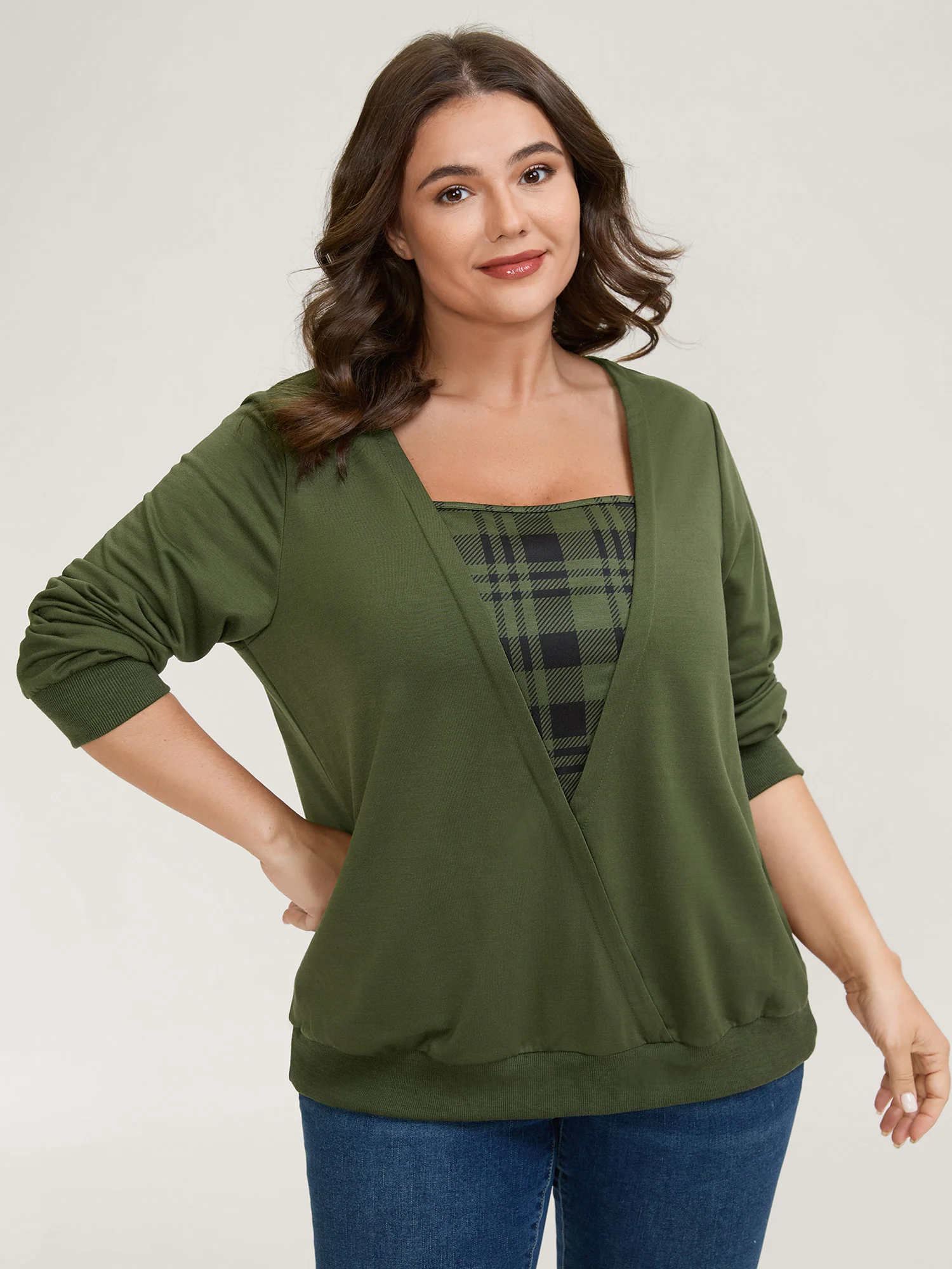 Plaid Spliced Wrap Contrast Sweatshirt - Image 10