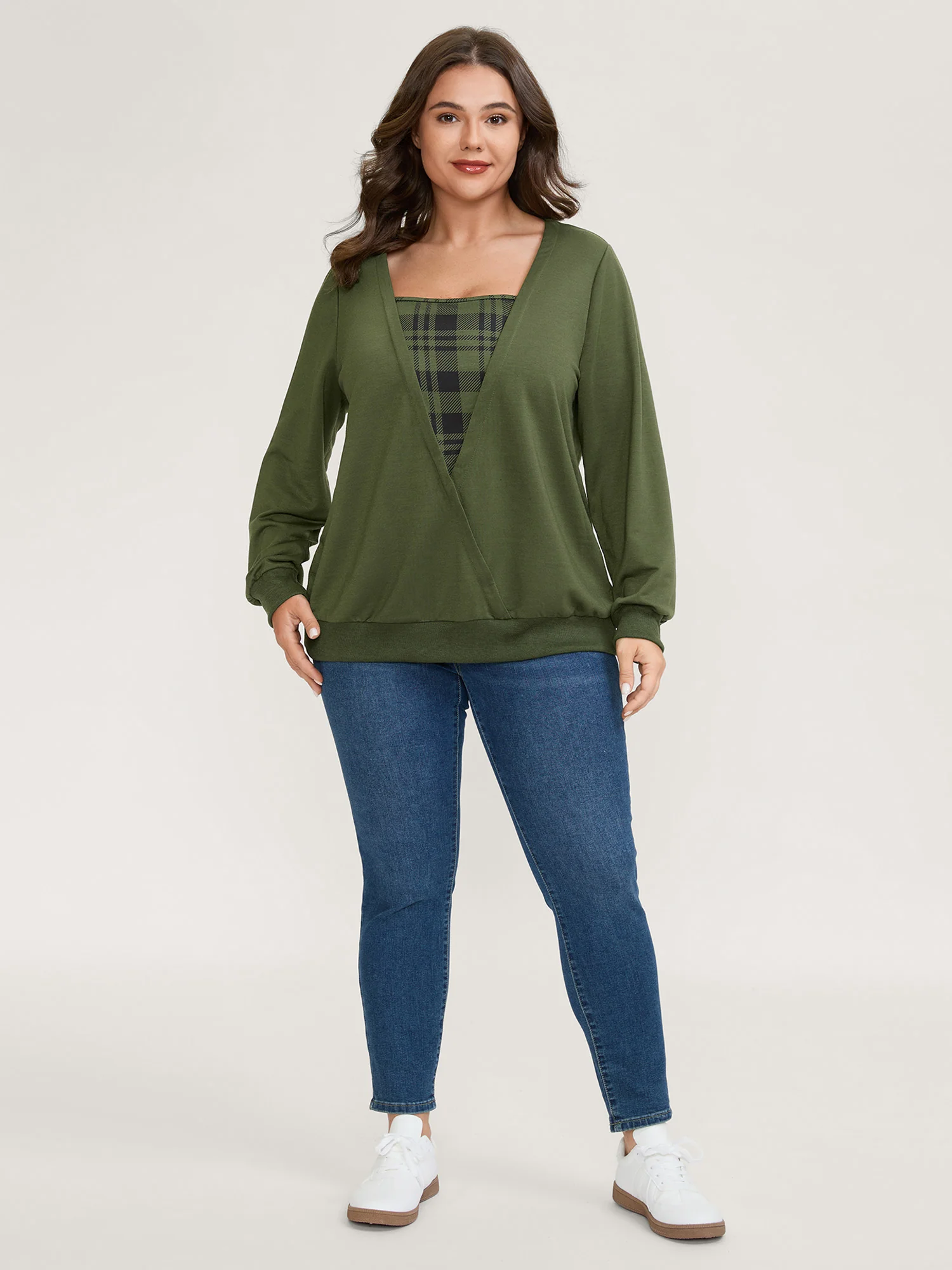 Plaid Spliced Wrap Contrast Sweatshirt - Image 11