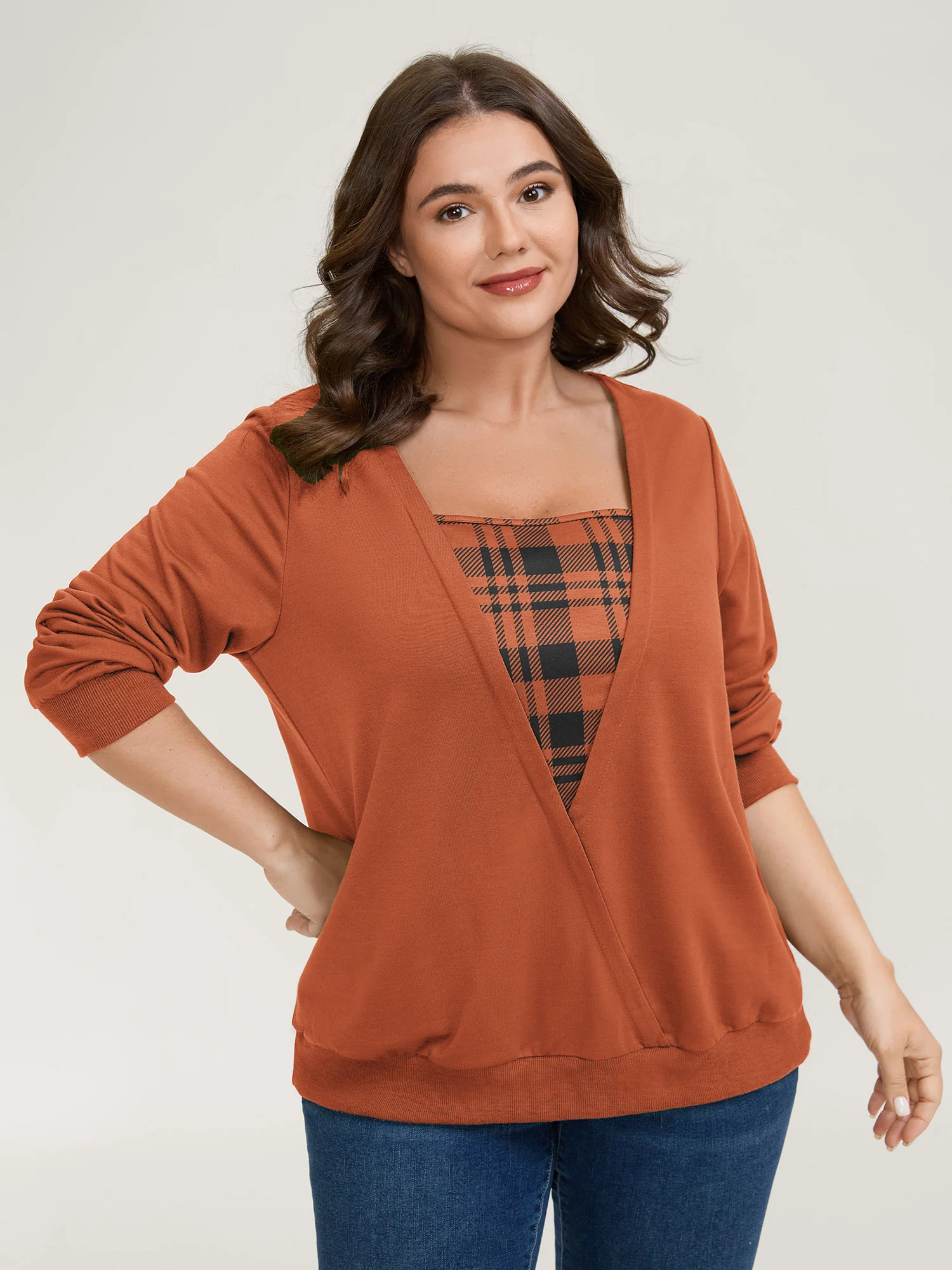 Plaid Spliced Wrap Contrast Sweatshirt - Image 17