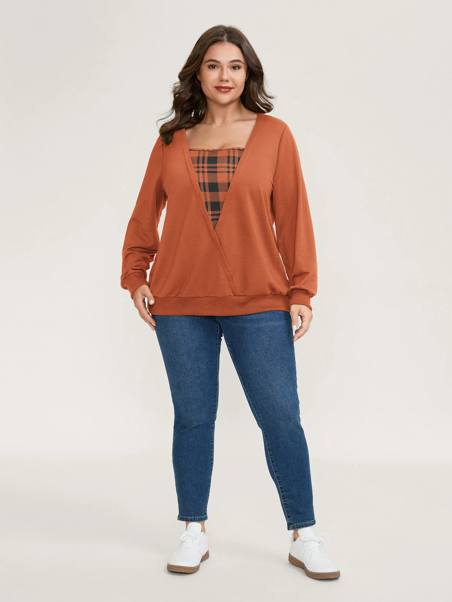 Plaid Spliced Wrap Contrast Sweatshirt - Image 18